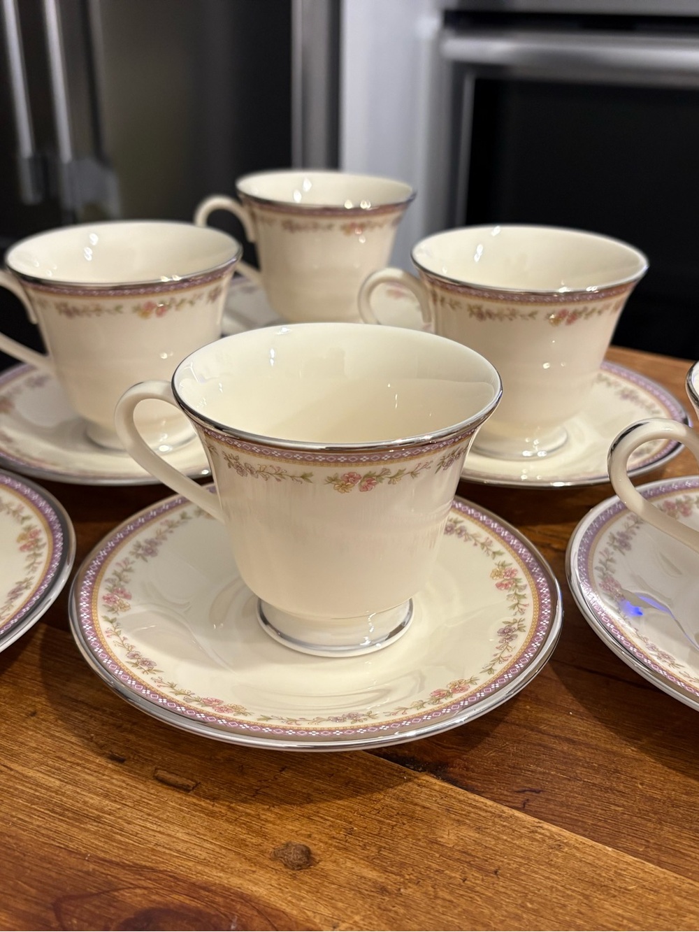 Lenox Amethyst Footed Teacup and Saucer Set with Pink Floral and Gold Trim
